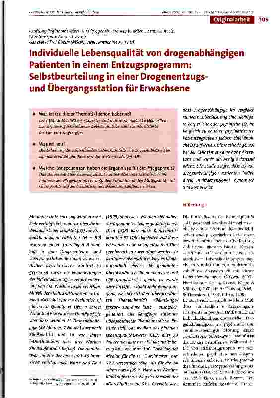 Vorschauseite 1: Individuelle Lebensqualität von drogenabhängigen Patienten in einem Entzugsprogramm: Selbstbeurteilung in einer Drogenentzugs-und Übergangsstation für Erwachsene