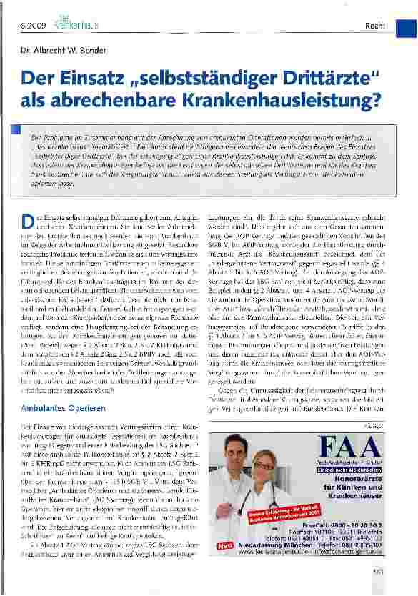 Vorschauseite 1: Der Einsatz „selbstständiger Drittärzte als abrechenbare Krankenhausleistung?