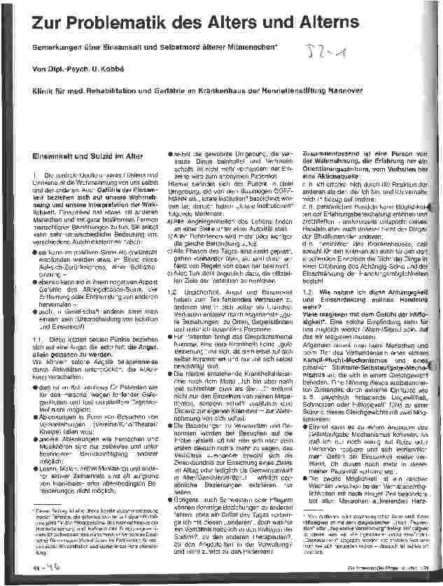 Vorschauseite 1: Zur Problematik des Alters und Alterns Bemerkungen über Einsamkeit und Selbstmord älterer Menschen