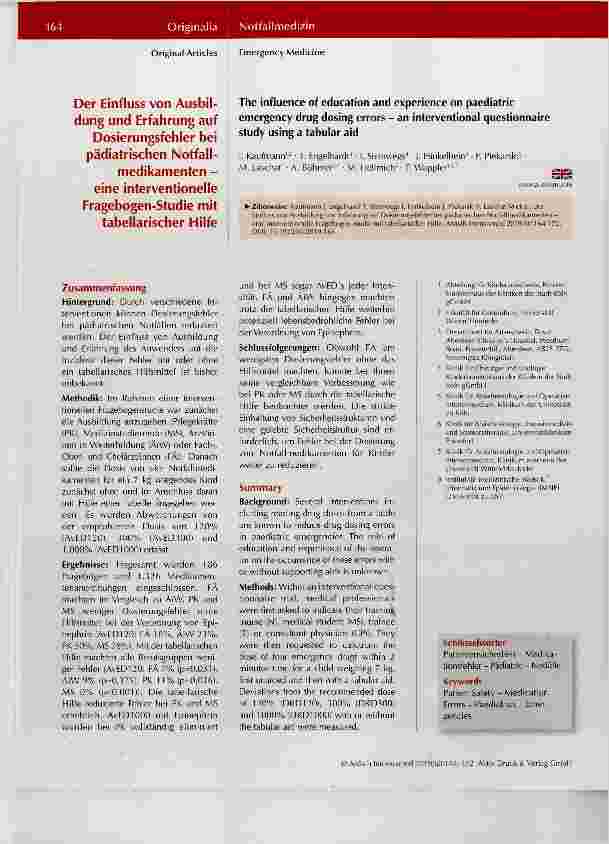 Vorschauseite 1: Der Einfluss von Ausbildung und Erfahrung auf Dosierungsfehler bei pädiatrischen Notfallmedikamenten - eine interventionelle Fragebogen-Studie mit tabellarischer Hilfe