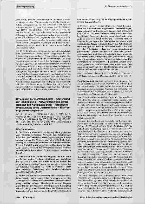 Vorschauseite 1: Ordentliche Verdachtskündigung Abgrenzung zur Tatkündigung Auswirkungen des Zeitablaufs auf den Kündigungsgrund - forensische Untersuchung eines Dienstrechners Sachvortragsverwert…