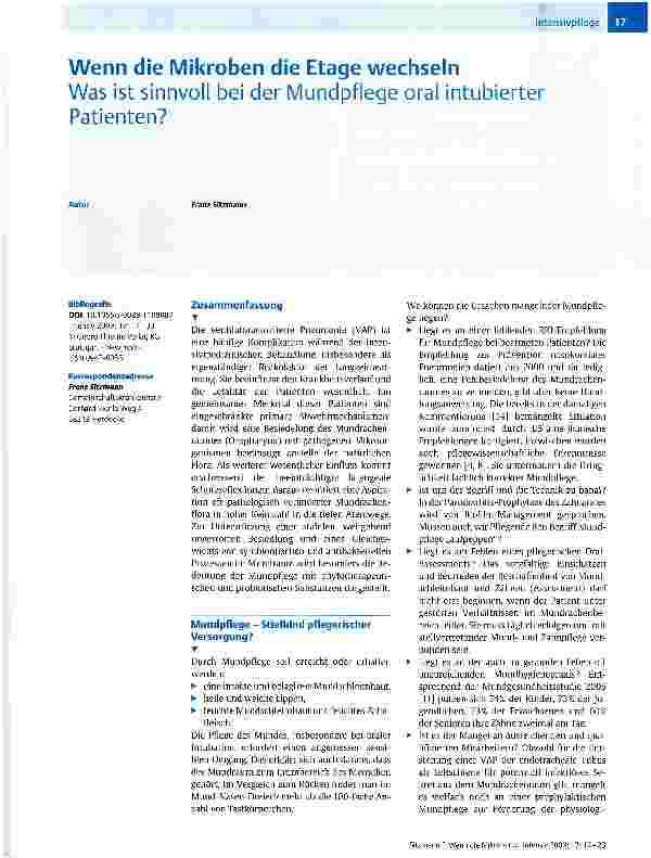 Vorschauseite 1: Wenn die Mikroben die Etage wechselnWas ist sinnvoll bei der Mundpflege oral intubierter Patienten?