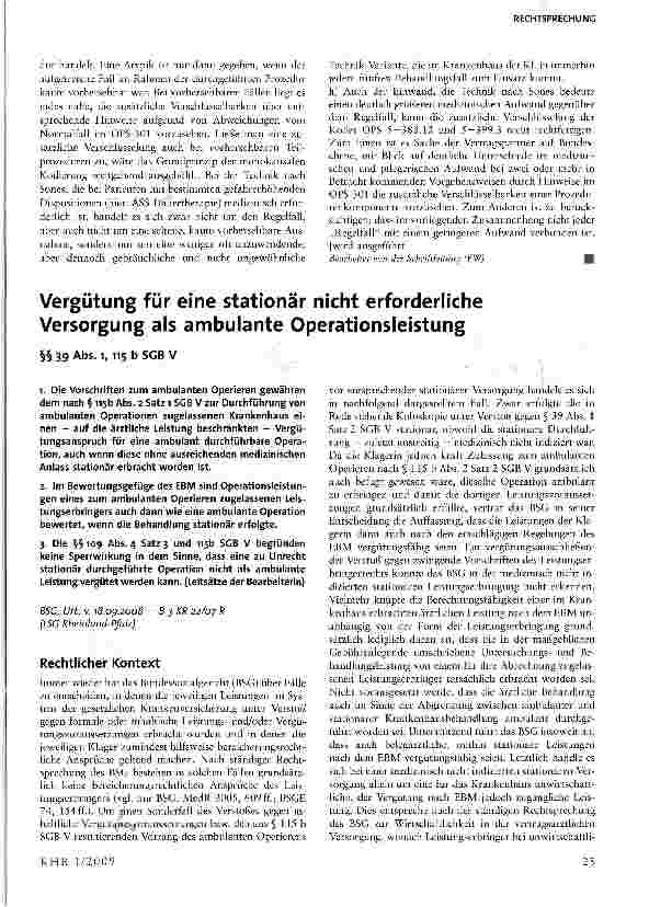 Vorschauseite 1: Vergütung für eine stationär nicht erforderliche Versorgung als ambulante Operationsleistung