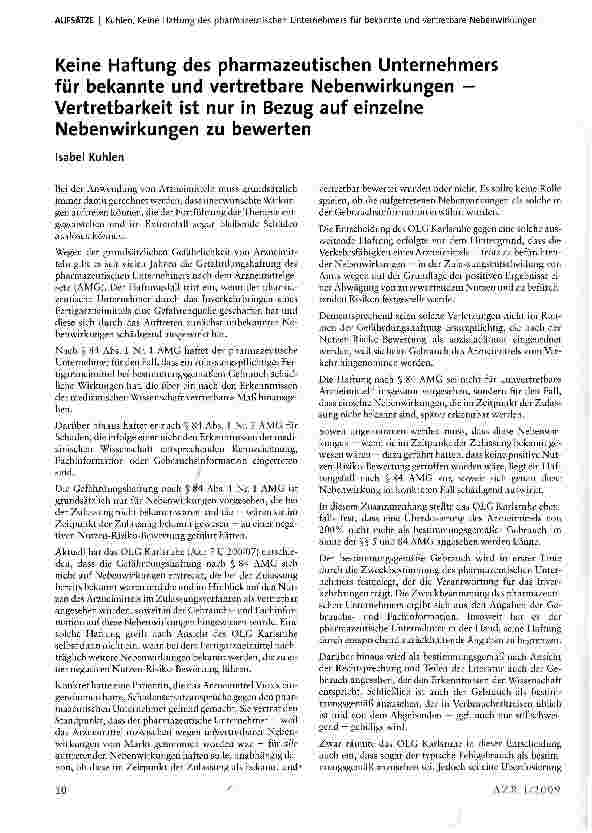 Vorschauseite 1: Keine Haftung des pharmazeutischen Unternehmers für bekannte und vertretbare Nebenwirkungen -Vertretbarkeit ist nur in Bezug auf einzelne Nebenwirkungen zu bewerten