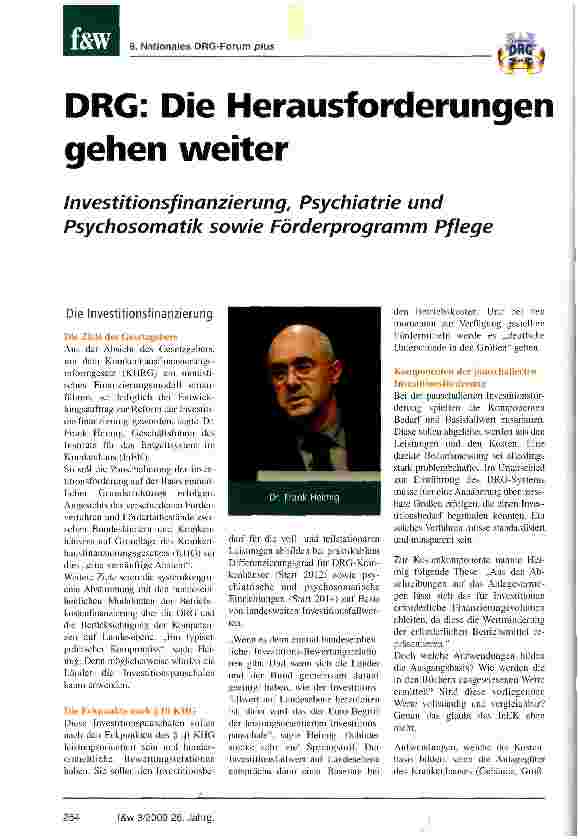 Vorschauseite 1: DRG: Die Herausforderungen gehen weiterInvestitionsfinanzierung, Psychiatrie und Psychosomatik sowie Förderprogramm Pflege