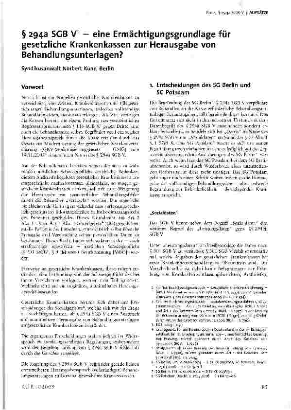 Vorschauseite 1: § 294a SGB V1 - eine Ermächtigungsgrundlage für gesetzliche Krankenkassen zur Herausgabe von Behandlungsunterlagen?