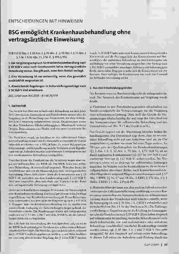 Vorschauseite 1: BSG ermöglicht Krankenhausbehandlung ohne vertragsärztliche Einweisung