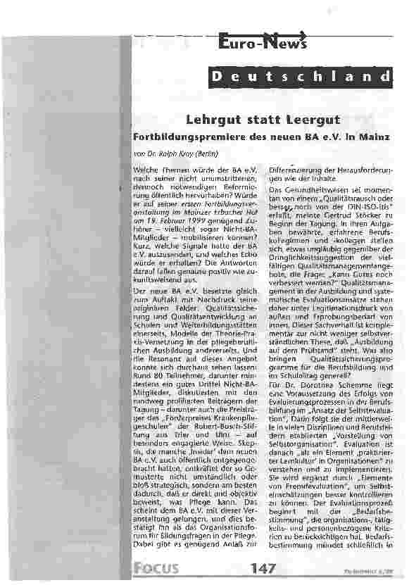 Vorschauseite 1: Lehrgut statt Leergut Fortbildungspremiere des neuen BA e.V. in Mainz