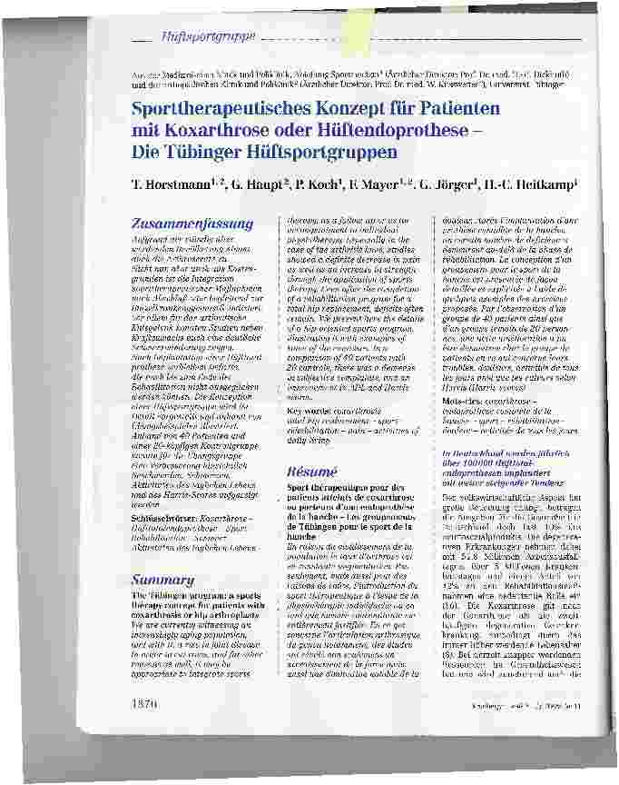 Vorschauseite 1: Sporttherapeutisches Konzept für Patienten mit Koxarthrose oder Hüftendoprothese -Die Tübinger Hüftsportgruppen