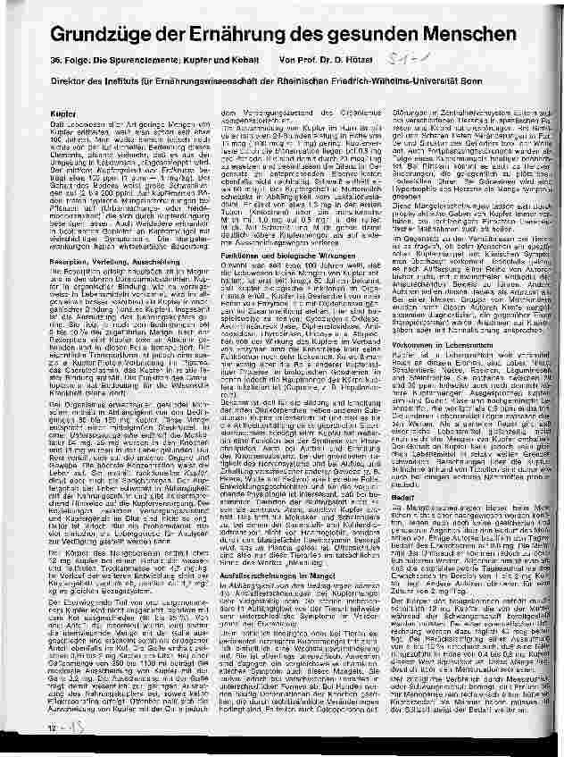 Vorschauseite 1: Grundzüge der Ernährung des gesunden Menschen 36. Folge: Die Spurenelemente: Kupfer und Kobold