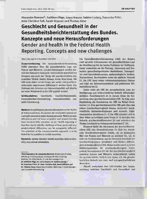 Vorschauseite 1: Geschlecht und Gesundheit in der Gesundheitsberichterstattung des Bundes. Konzepte und neue Herausforderungen