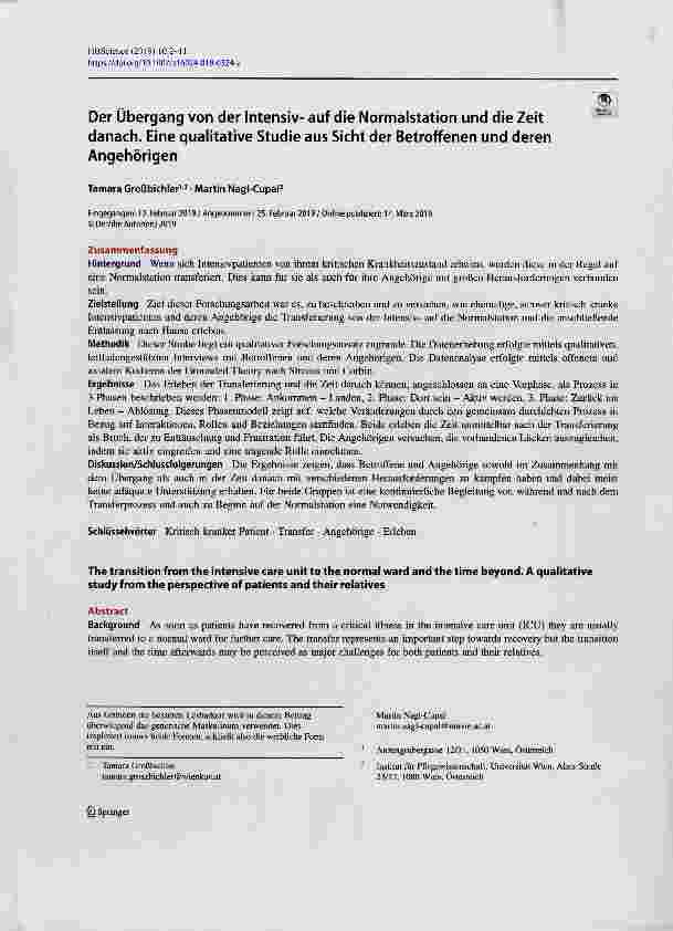 Vorschauseite 1: Der Übergang von der Intensivauf die Normalstation und die Zeit danach. Eine qualitative Studie aus Sicht der Betroffenen und deren Angehörigen
