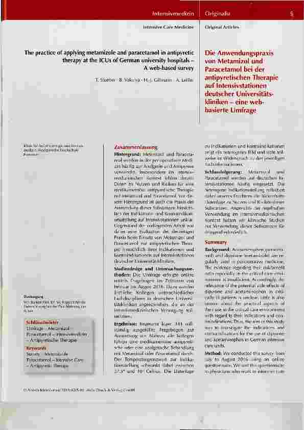 Vorschauseite 1: Die Anwendungspraxis von Metamizol und Paracetamol bei der antipyretischen Therapieauf Intensivstationen deutscher Universitätskliniken eine webbasierte Umfrage