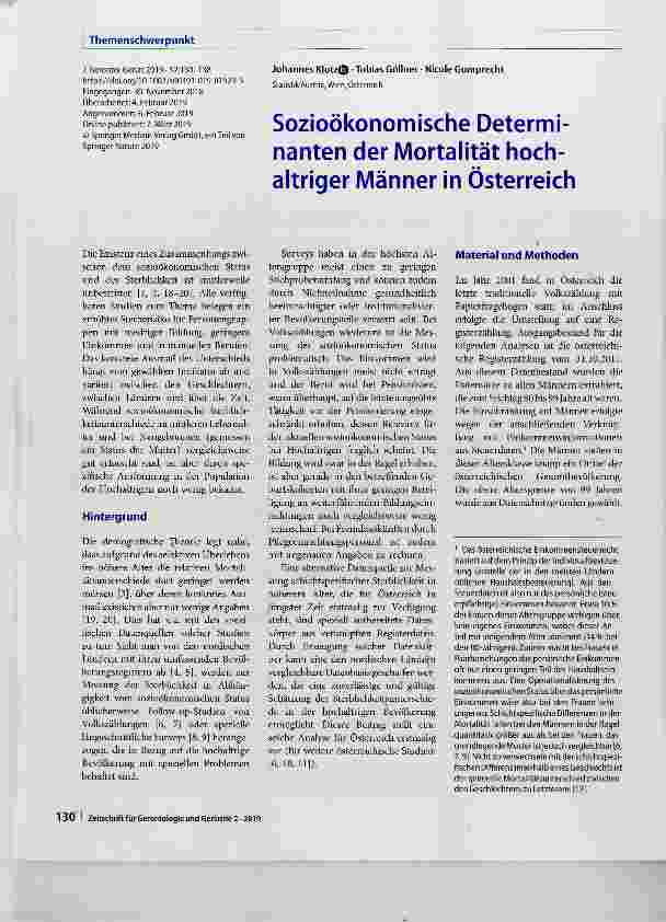 Vorschauseite 1: Sozioökonomische Determinanten der Mortalität hochaltriger Männer in Österreich
