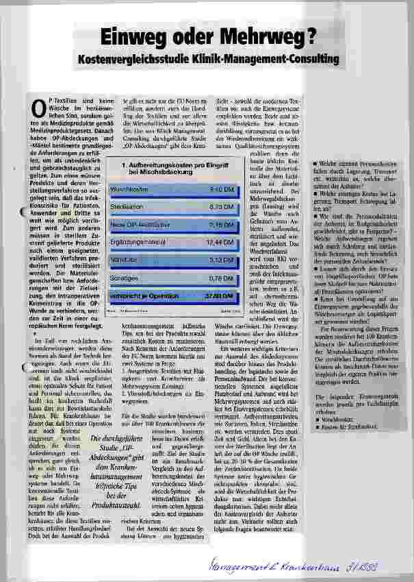 Vorschauseite 1: Einweg oder Mehrweg? Kostenvergleichsstudie Klinik-Mangement-Consulting