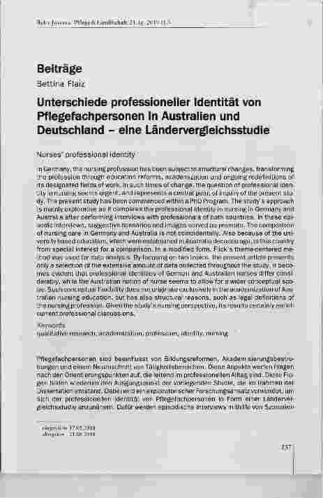 Vorschauseite 1: Unterschiede professioneller Identität von Pflegefachpersonen in Australien und Deutschland eine Länderverglelchsstudle