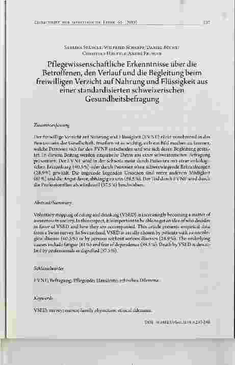 Vorschauseite 1: Pflegewissenschaftliche Erkenntnisse über die Betroffenen den Verlauf und die Begleitung beim freiwilligen Verzicht auf Nahrung und Flüssigkeit aus einer standardisierten schweize…