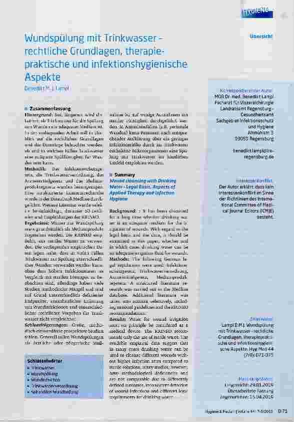 Vorschauseite 1: Wundspülung mit Trinkwasserrechtliche Grundlagen, therapiepraktische und infektionshygienische Aspekte