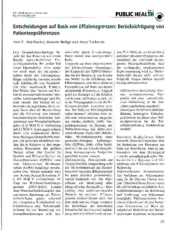 Vorschauseite 1: Entscheidungen auf Basis von Effizienzgrenzen: Berücksichtigung von Patientenpräferenzen