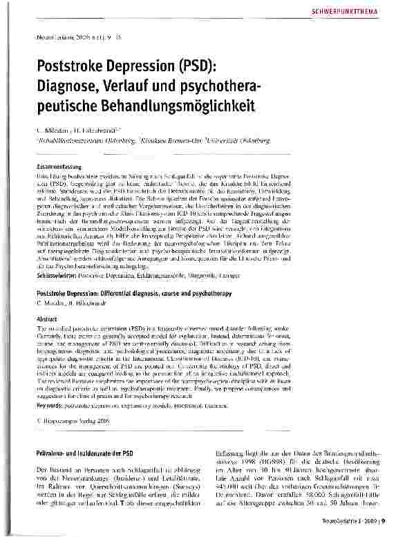 Vorschauseite 1: Poststroke Depression (PSD): Diagnose, Verlauf und psychotherapeutische Behandlungsmöglichkeit