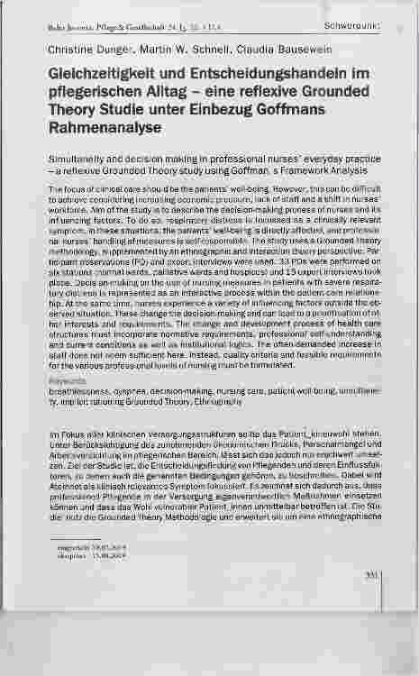 Vorschauseite 1: Gleichzeitigkeit und Entscheidungshandeln im pflegerischen Alltag - eine reflexive Grounded Theory Studie unter Einbezug Goffmans Rahmenanalyse