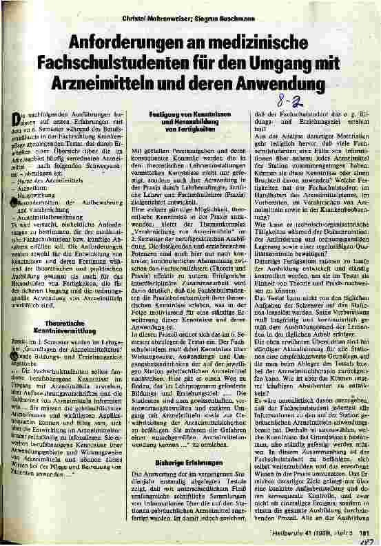 Vorschauseite 1: Anforderungen an medizinische Fachschulstudenten für den Umgang mit Arzneimitteln und deren Anwendung