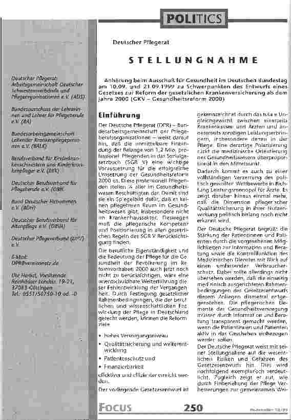 Vorschauseite 1: Deutscher Pflegerat. Stellungnahme Gesundheitsreform 2000