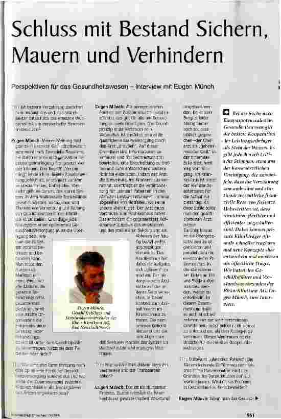 Vorschauseite 1: Schluss mit Bestand Sichern, Mauern und Verhindern Perspektiven für das Gesundheitswesen - Interview mit Eugen Münch