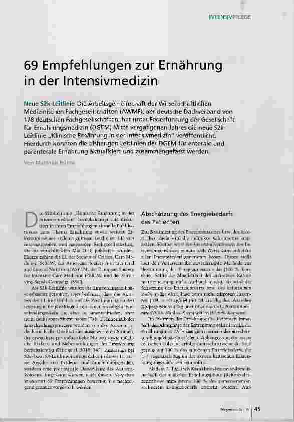 Vorschauseite 1: 69 Empfehlungen zur Ernährung in der Intensivmedizin