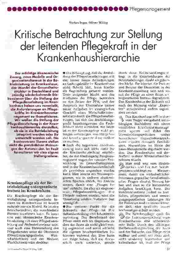 Vorschauseite 1: Kritische Betrachtung zur Stellung der leitenden Pflegekraft in der Krankenhaushierarchie
