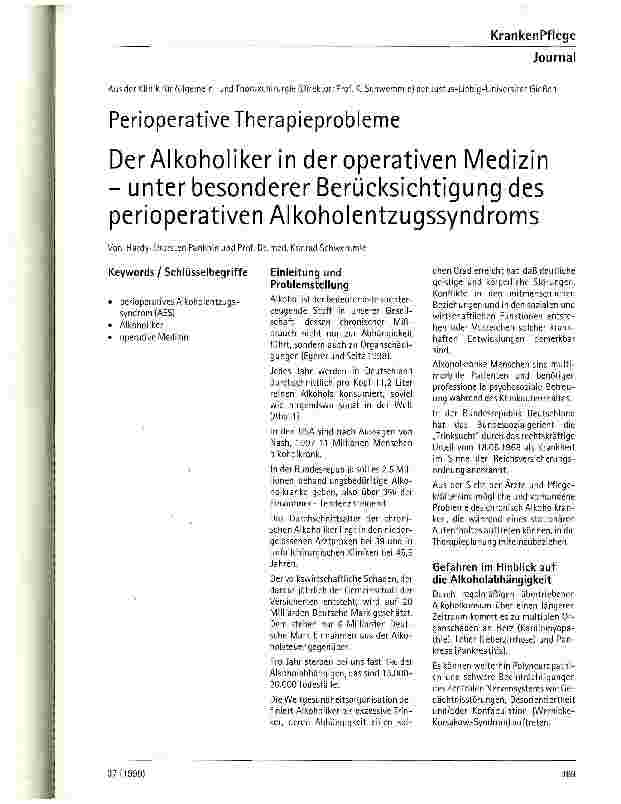 Vorschauseite 1: Der Alkoholiker in der operativen Medizin - unter besondere Berücksichtigung des perioperativen Alkoholentzugssyndroms