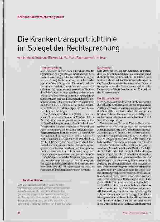 Vorschauseite 1: Die Krankentransportrichtlinie im Spiegel der Rechtsprechung