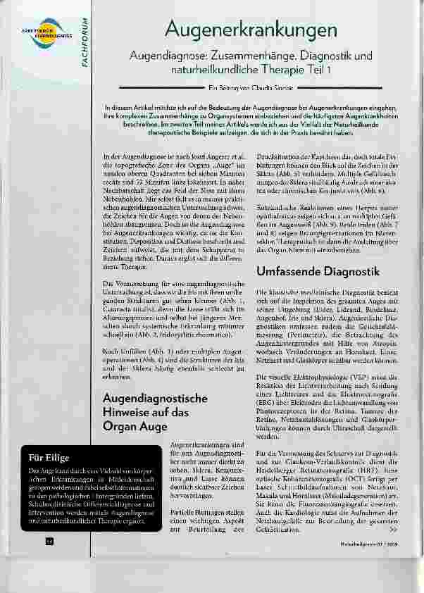 Vorschauseite 1: Augenerkrankungen Augendiagnose: Zusannmenhänge, Diagnostik und naturheilkundliche Therapie Teil 1