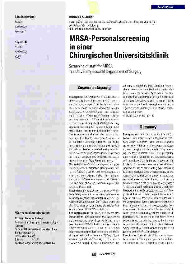 Vorschauseite 1: MRSA-Personalscreeningin einer Chirurgischen Universitätsklinik