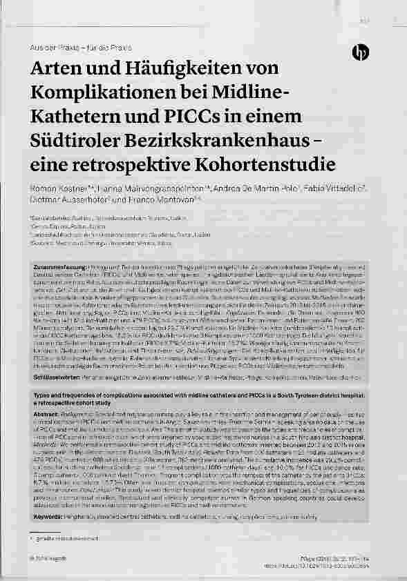 Vorschauseite 1: Arten und Häufigkeiten von Komplikationen bei Midline-Kathetern und PlCCs in einem Südtiroler Bezirkskrankenhaus - eine retrospektive Kohortenstudie