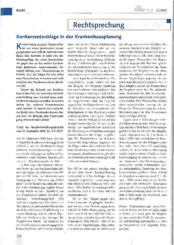 Vorschauseite 1: Konkurrentenklage in der Krankenhausplanung