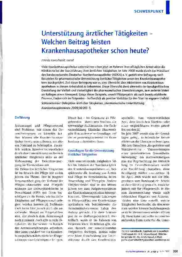 Vorschauseite 1: Unterstützung ärztlicher Tätigkeiten -Welchen Beitrag leisten Krankenhausapotheker schon heute?