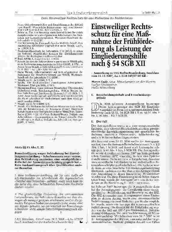 Vorschauseite 1: Einstweiliger Rechtsschutz für eine Maßnahme der Frühförderung als Leistung der Eingliederungshilfe nach § 54 SGB XII