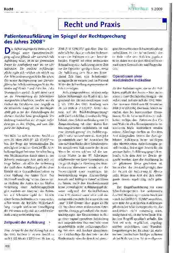 Vorschauseite 1: Patientenaufklärung im Spiegel der Rechtsprechung des Jahres 20081