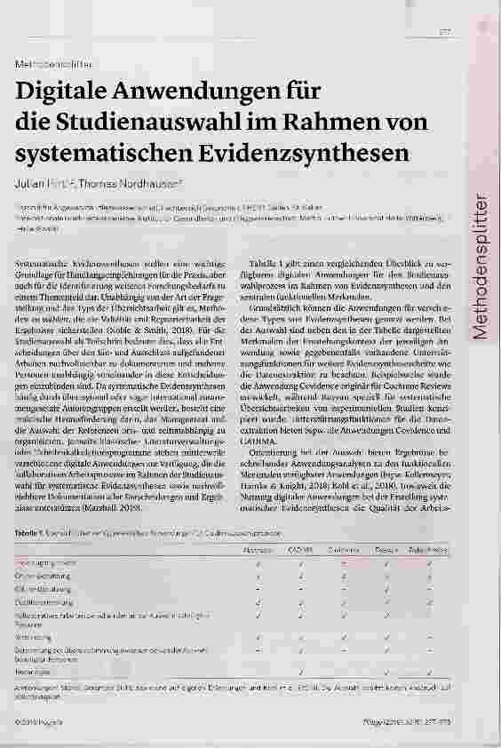 Vorschauseite 1: Digitale Anwendungen für die Studienauswahl im Rahmen von systematischen Evidenzsynthesen