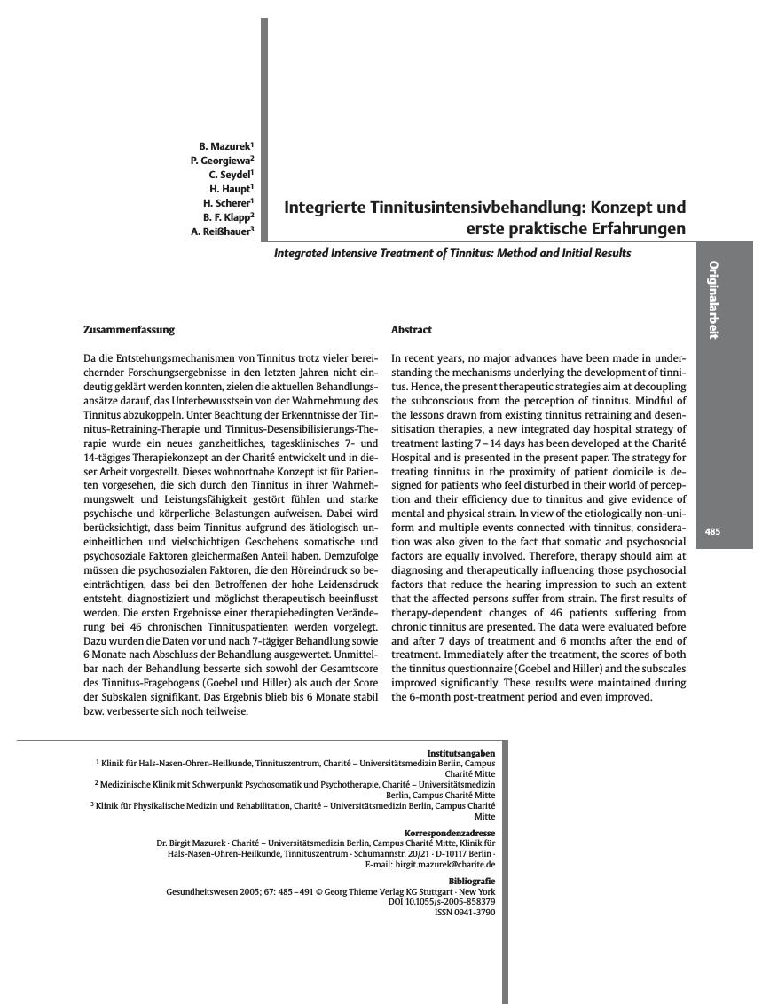 Vorschauseite 1: Integrierte Tinnitusintensivbehandlung: Konzept und erste praktische Erfahrungen