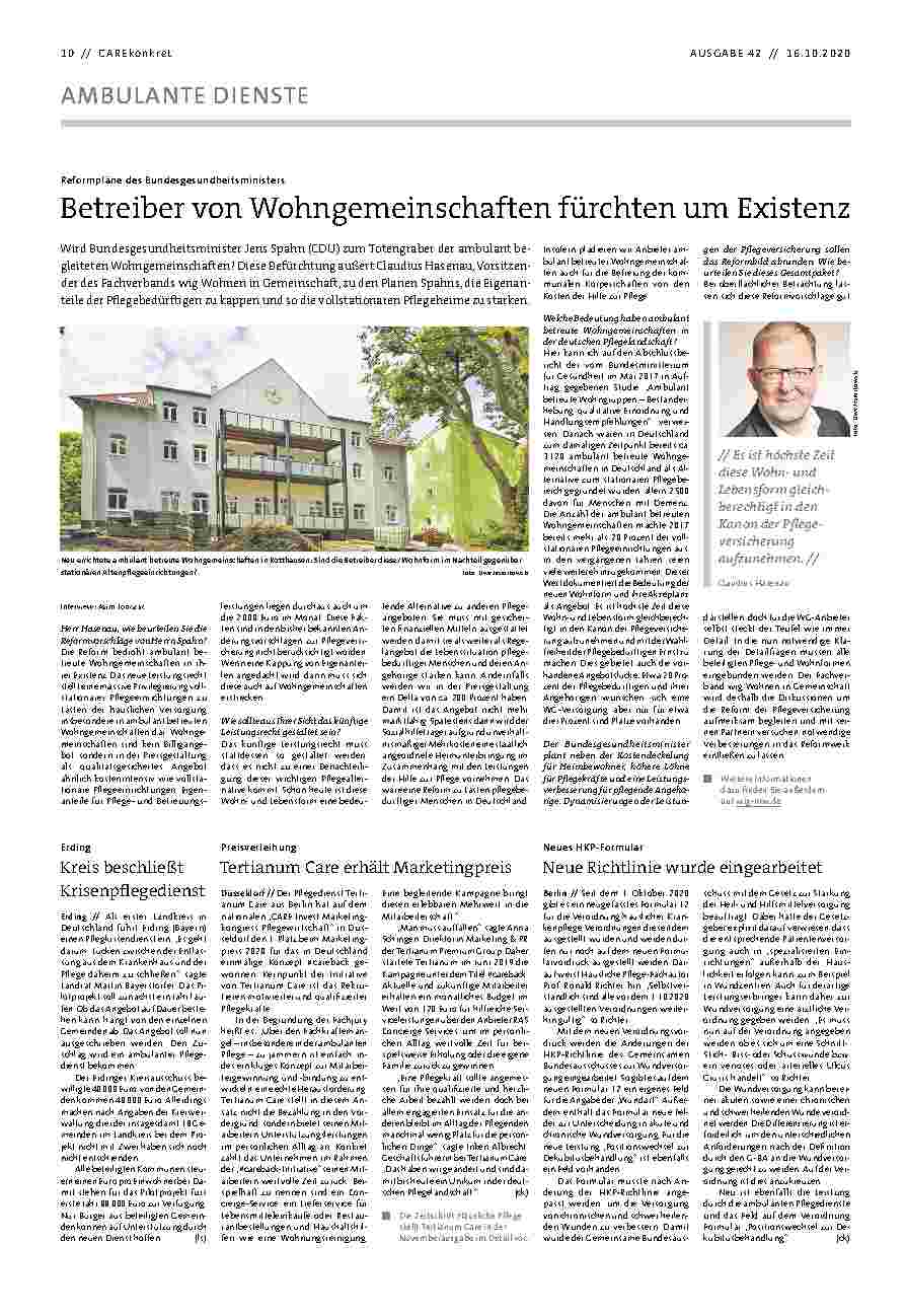 Vorschauseite 1: Betreiber von Wohngemeinschaften fürchten um Existenz