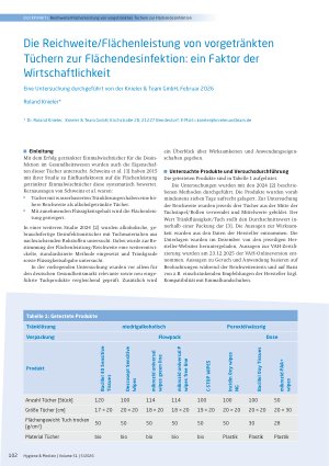 Vorschauseite 1: Die Reichweite/Flächenleistung von vorgetränkten Tüchern zur Flächendesinfektion: ein Faktor der Wirtschaftlichkeit