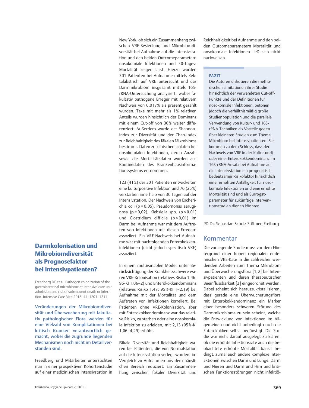 Vorschauseite 1: Darmkolonisation und Mikrobiomdiversität als Prognosefaktor bei Intensivpatienten?