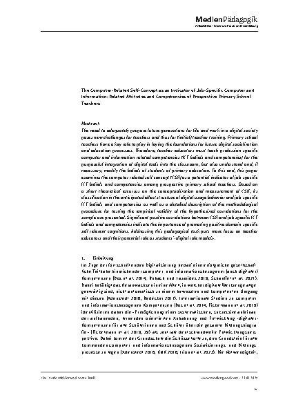Vorschauseite 2: Das computerbezogene Selbstkonzept als Indikator berufsspezifischer computerund informationsbezogener Einstellungen und Kompetenzen angehender Grundschullehrkräfte