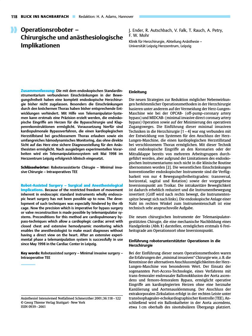 Vorschauseite 1: Operationsroboter - Chirurgische und anästhesiologische Implikationen