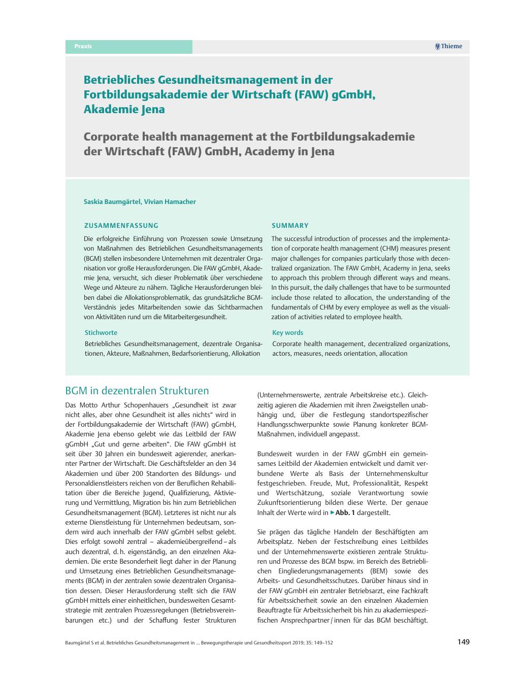 Vorschauseite 1: Betriebliches Gesundheitsmanagement in der Fortbildungsakademie der Wirtschaft (FAW) gGmbH, Akademie Jena
