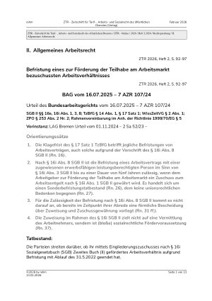 Vorschauseite 1: II. Allgemeines Arbeitsrecht Befristung eines zur Förderung der Teilhabe am Arbeitsmarkt bezuschussten Arbeitsverhältnisses