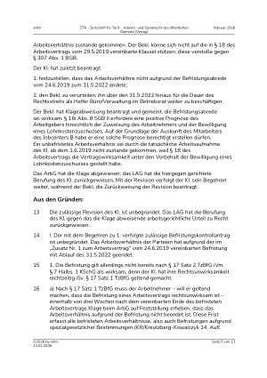 Vorschauseite 5: II. Allgemeines Arbeitsrecht Befristung eines zur Förderung der Teilhabe am Arbeitsmarkt bezuschussten Arbeitsverhältnisses