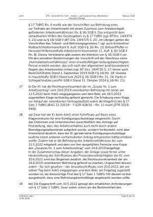 Vorschauseite 6: II. Allgemeines Arbeitsrecht Befristung eines zur Förderung der Teilhabe am Arbeitsmarkt bezuschussten Arbeitsverhältnisses